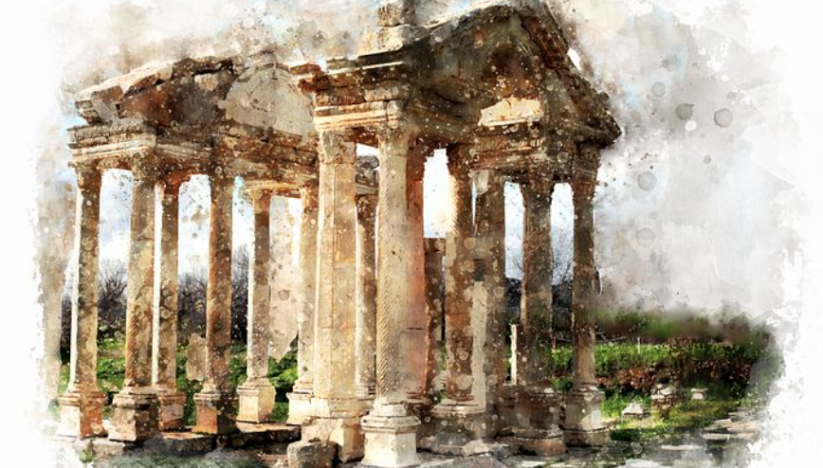 Acuarela columnas griegas, aguadas y veladuras